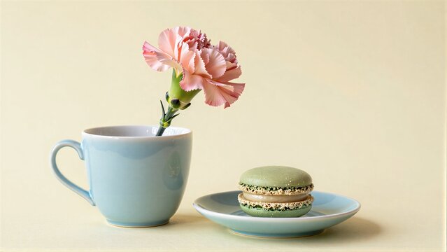 Pink carnation in blue cup, green macaron on saucer beside it.