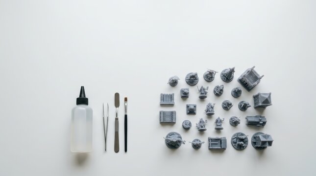 Overhead View of Resin-Printed Miniatures and Tools for 3D Printing Technology Websites