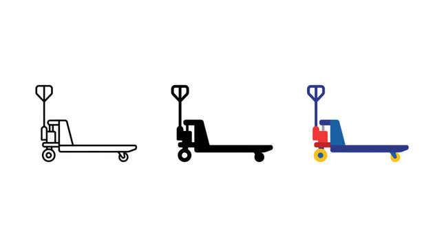 Industrial pallet truck icon in outline solid and colorful vector styles with warehouse