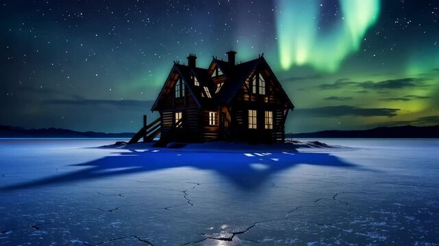 Wooden cabin illuminated by northern lights on frozen lake, showcasing vibrant colors and shadows cast on icy surface under starry night sky