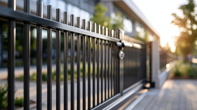 Modern black steel security gate outside a contemporary bright school campus vertical bars and sliding mechanism daylight exterior perimeter safety concept education security