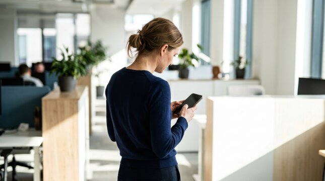 Woman Engaged with Smartphone in Bright Office - Digital Security Risk Concept