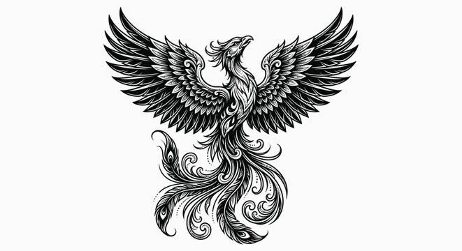 Black and white tattoo style illustration of a mythical phoenix rising upward with majestic wings fully spread, flowing long tail feathers, bold clean linework, and neo-traditional design.