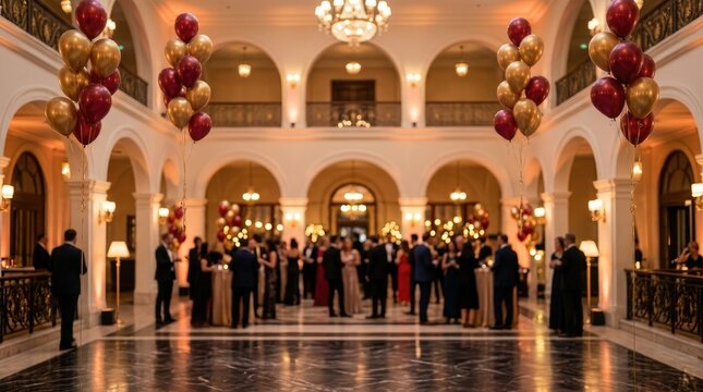 A grand interior hall decorated with red and gold balloons for a formal celebration during the annual national china day
