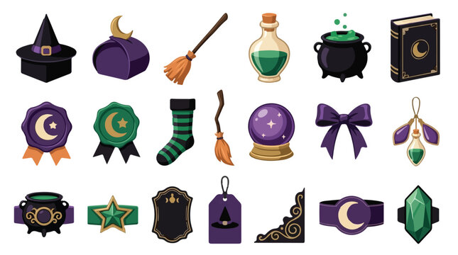 Witchcraft magic icons set, 18 mystical halloween vector elements, purple and green wizard tools for occult design