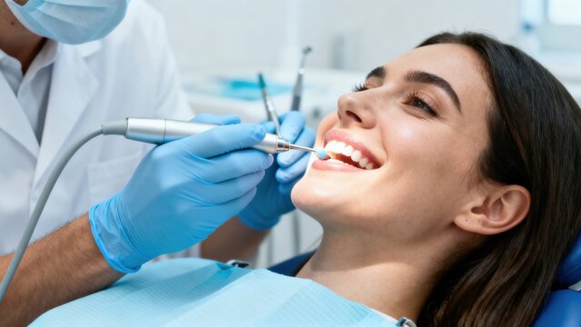Mujer recibiendo una limpieza dental profesional, con expresi&oacute;n relajada; el dentista trabaja cuidadosamente utilizando equipos modernos