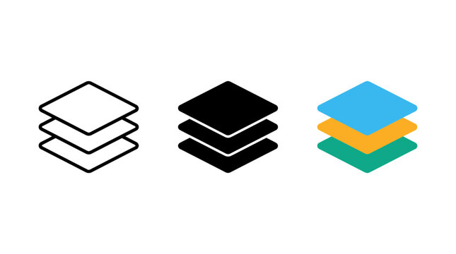 Layer stack icon set in outline glyph and flat color styles with interface isometric document
