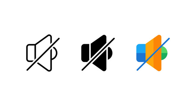 Mute speaker sound off icon vector illustration set in outline solid and colorful styles