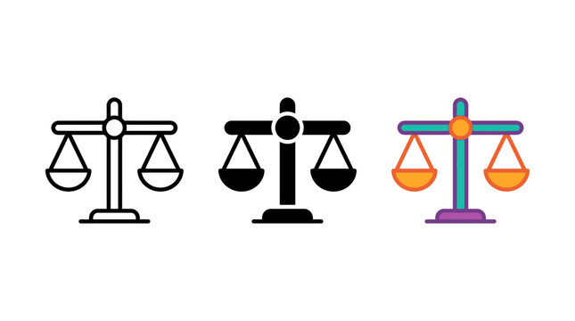 Balance scale vector icon set in outline black and colorful styles with colorful