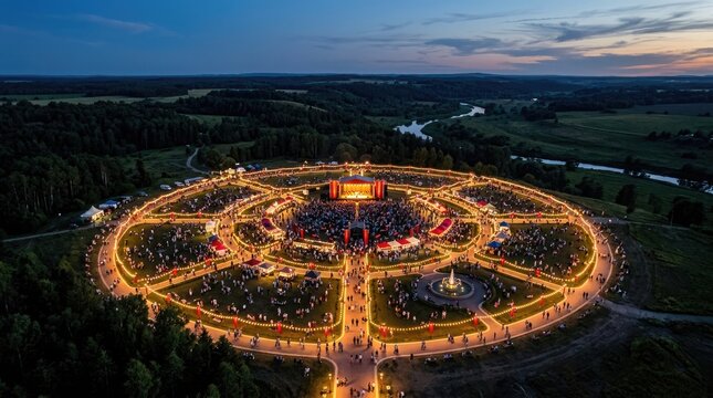 Aerial view of a circular illuminated park at dusk celebrating national china day with bright lights and festive decorations outdoors