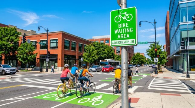Cyclists Waiting at Bike Lane in Urban Intersection