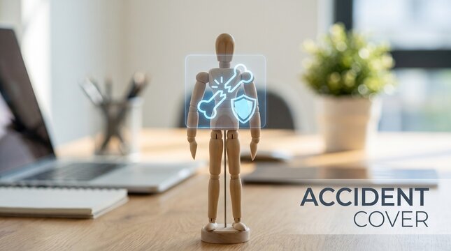 Wooden mannequin with digital bones and shield overlay, representing accident cover and health insurance, on a modern office desk with laptop and plant, for medical and financial concepts