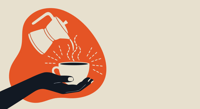 Graphic Illustration of Coffee Being Poured into a Cup Held by Hands with Steam Rizing in a Creative Orange Blob Backdrop