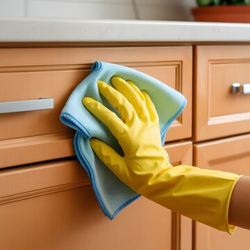 Home Cleaning Routine with a Yellow Gloved Hand Wiping Wooden Cabinet Doors