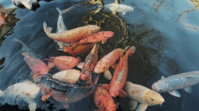 4K top-down shot of hungry colorful Koi carp crowding together at the water surface with open mouths begging for food. Dynamic, active feeding behavior in a clear aquarium pond on a sunny day.
