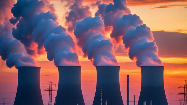 Air pollution in large industrial city, plant toxic smokes through high chimneys AI Generative