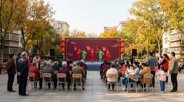 A crowd of people sitting on chairs watching a traditional cultural performance on a stage during national china day celebration