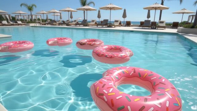 Pink inflatable donut floats drifting across the sparkling turquoise surface of a luxury resort pool, sunny day with splashing water.