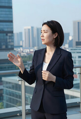 Obraz premium Corporate leadership and business strategy, professional woman gesturing during outdoor meeting on city office building rooftop with urban skyline view