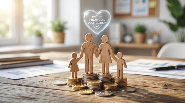 Wooden family figures standing on coin stacks, glowing financial protection heart icon, secure future planning concept on office desk