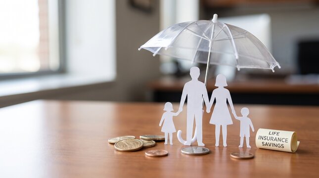 Family paper cutout under small transparent umbrella, coins and life insurance savings scroll on wooden table, financial protection concept