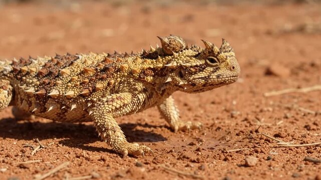 Thorny Devil Lizard Walking On Red Desert Soil
