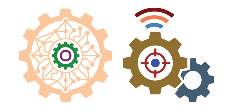 A peach colored gear with a circuit pattern next to a brown gear with a target symbol, isolated on a white background