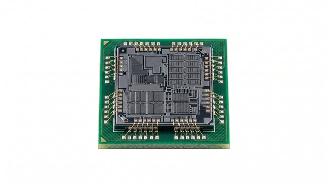 Bare ASIC miner processing chip die on green fiberglass substrate. Micro-molded polished silicon die for high-density server computing. Studio macro cutout.