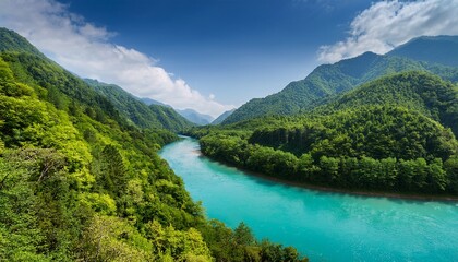 Fototapeta premium Beautiful Turquoise River Curves Through Lush Green Forest Mountains