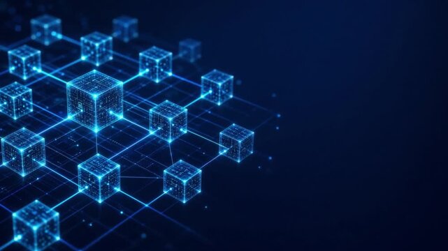 Glowing isometric blockchain data nodes with connecting light grid and dark navy copy space for text presentation on right side background
