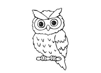 Fototapeta premium Cute Hand Drawn Owl Bird Sitting on Branch with Big Eyes Line Art Doodle Illustration