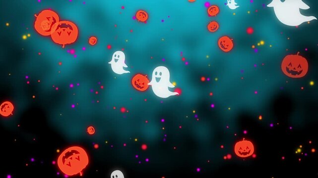 青と黒の空間におばけとジャックオーランタンがゆっくり浮かび上がるハロウィンのシームレスループ動画素材/ Halloween background loop with slowly rising ghosts and glowing Jack-o'-lanterns on blue and black