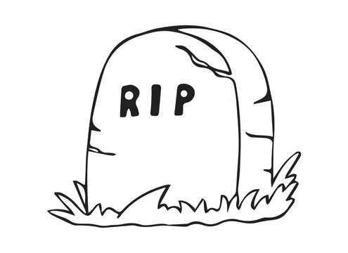 Hand Drawn Cracked Tombstone with RIP Lettering and Grass Line Art Doodle Illustration for Halloween Design