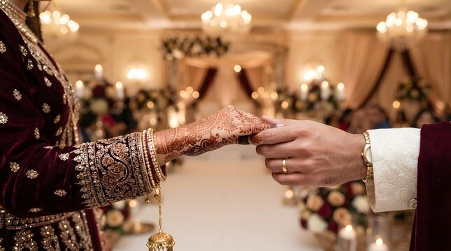 Bride and groom holding hands at luxury Indian wedding ceremony with henna and rings