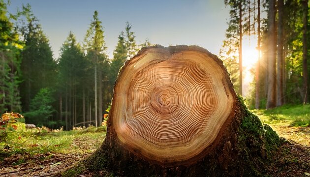 Freshly Cut Tree Stump Showing Growth Rings In Forest