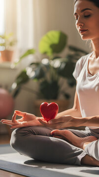 Woman meditating with a red heart symbol for mental health and wellness lifestyle