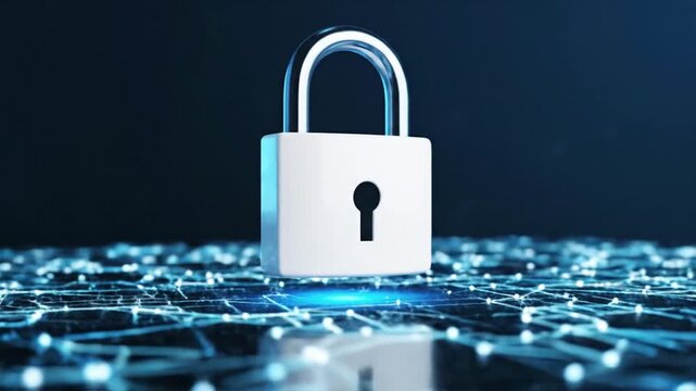 White padlock on digital network for cyber security