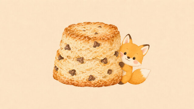 北欧風デザインのチョコチップスコーンから顔を出すキツネのイラスト