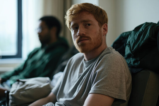 A young man in a relaxed posture reflects quietly in a serene environment, representing solitude and introspection within modern life and the quest for self-discovery.