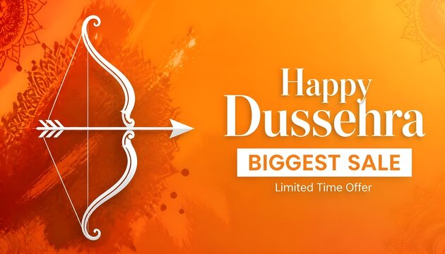 Happy Dussehra biggest sale commercial banner with white bow arrow icon on orange watercolor background. 