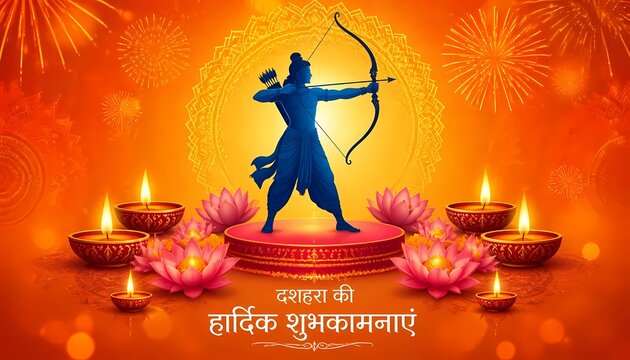 Dussehra Hindi greeting banner with blue Lord Rama silhouette on podium with diyas and fireworks. 