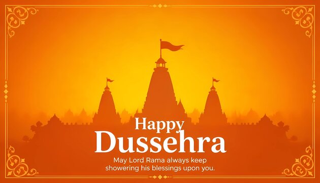 Happy Dussehra orange greeting banner with ancient Hindu temple silhouettes and golden border. 