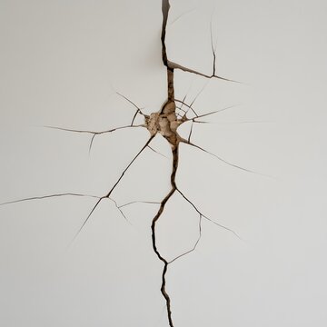 Severe structural damage with a large deep crack splitting a white plaster wall apart dramatically