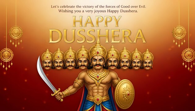 Ten Headed Demon King Ravana with Sword for Happy Dussehra Festival Banner. 