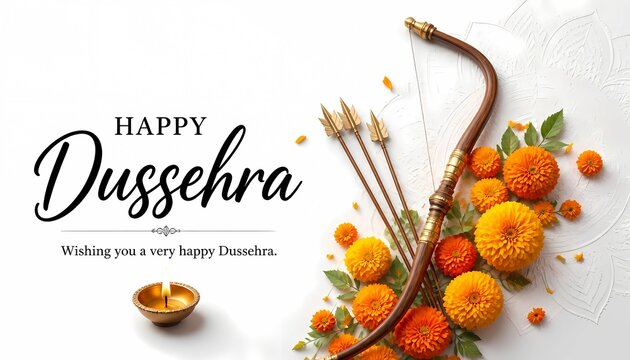 Happy Dussehra Elegant Greeting Card with Bow, Arrows, and Marigold Flowers. 