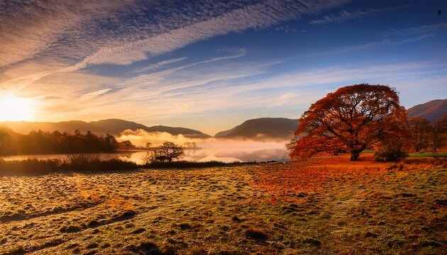 Stuning Autumn Fall Sunrise Landscape Over Coniston Water With Mist And Wispy Clouds