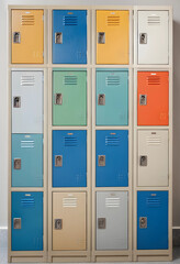 Naklejka premium Education and school organization, colorful metal lockers for students in a hallway, storage solutions for gym or workplace security and personal privacy