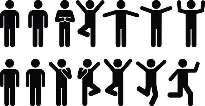 A collection of fourteen black stick figure showing people in various poses, including standing, jumping, dancing, and stretching, isolated on a clean white background, for use