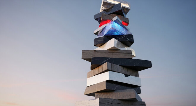 A tall precarious tower of various geometric blocks piled high under an open evening sky capturing a sense of architectural balance and fragile stability in the fading daylight hours