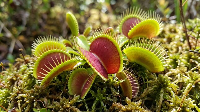 Carnivorous Venus flytrap cluster in bright filtered sunlight, open traps showing red interiors and delicate trigger hairs, moss base.